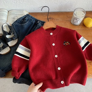 儿童开衫毛衣男女童加厚针织衫2025冬新款宝宝卡通红色拜年服喜庆