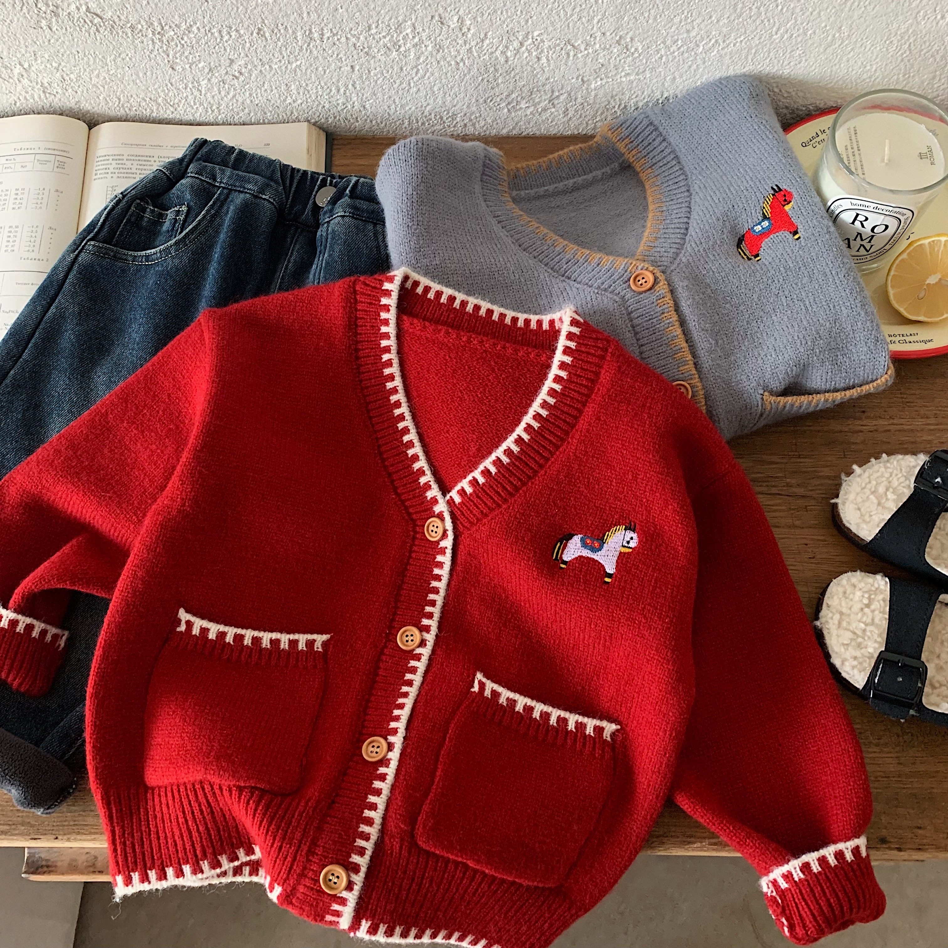 儿童开衫毛衣男女童加厚针织衫2025冬新款宝宝红色喜庆外套拜年服