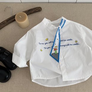 儿童衬衣2026春秋新款童装男童女童个性印花飘带宝宝长袖衬衫外套