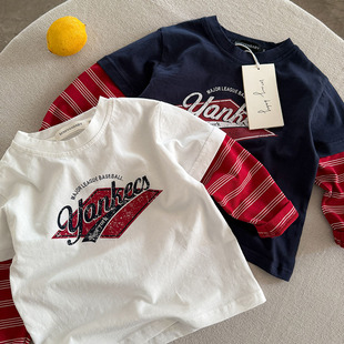 儿童假两件T恤男春秋2026新款小童条纹上衣纯棉宝宝打底衫女美版