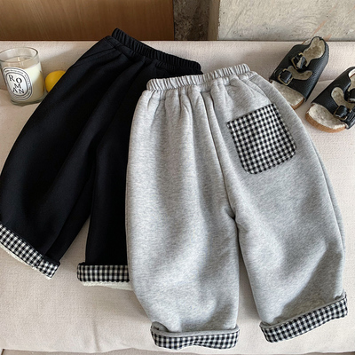 儿童加绒卫裤男女童休闲加厚长裤2025冬季新款宝宝格子直筒裤保暖