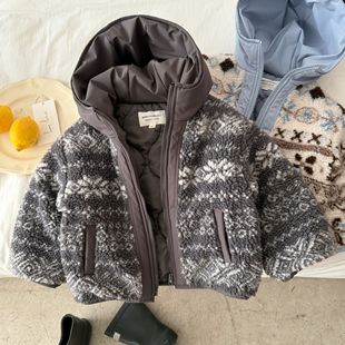儿童羊羔绒外套男加厚2025冬新款小童棉服宝宝连帽提花棉衣女保暖