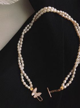 时尚雅致天然淡水小米形珍珠双层蝴蝶母贝项链配饰女