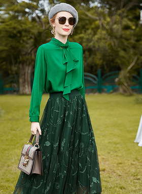 丁摩 春秋宽松立领真丝上衣气质绿色套头休闲大码纯色衬衫2103