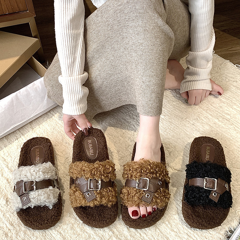 新版搭扣毛毛拖鞋女外穿2025秋季新款时尚皮带扣懒人休闲毛拖鞋女