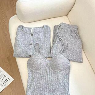 【bm风三件套】简约气质带胸垫吊带坑条纤维花纱春秋睡衣女可外穿