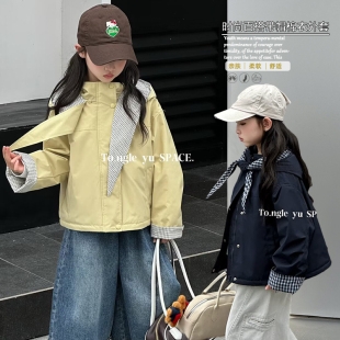 童乐鱼童装2025冬季新款女童中大童韩版格子带帽加棉外套夹克8317
