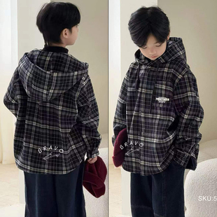 布芮欧童装2025冬新款男女童上衣加绒加厚连帽格子衬衫外套56188