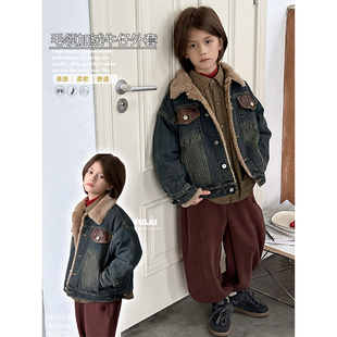 啦芙莱童装24冬新款男女童毛领长毛绒加厚牛仔外套中大童夹克6061
