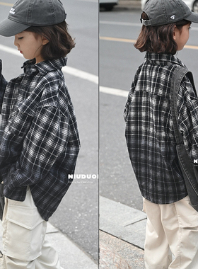 牛哆哆童装2024秋季新款男女中大童纯棉渐变格子衬衫外潮套68850