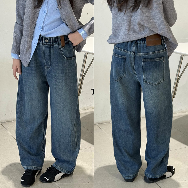 天依角童装2025冬季新款男女童韩版一体绒宽松直筒牛仔裤潮25069