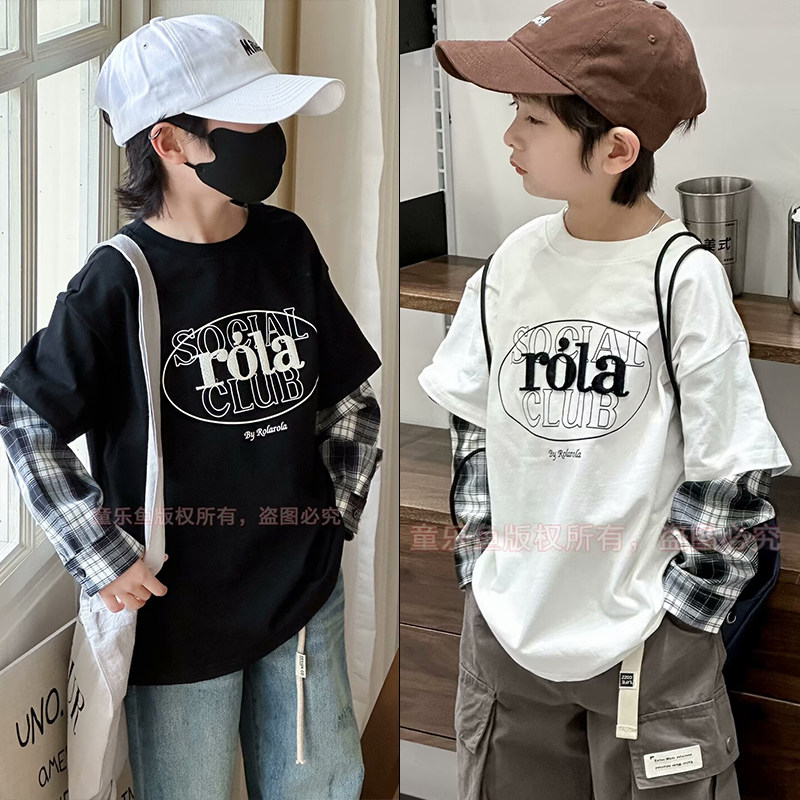 童乐鱼童装2024春季新款字母洋气假两件长袖T恤男女童上衣潮5783,童装/婴儿装/亲子装,T恤,淘宝优惠券,粉丝福利购,淘宝优惠卷