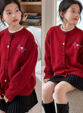 wooso吾束2025冬新年男女童彩扣小马刺绣羊绒毛衣针织开衫潮95226