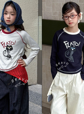 布芮欧童装2025秋季新款女童卡通猫咪印花修身短款长袖T恤潮86602
