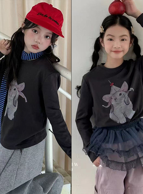 童乐鱼童装2025秋季新款女童复古风卡通印花长袖T恤打底衫95125-1