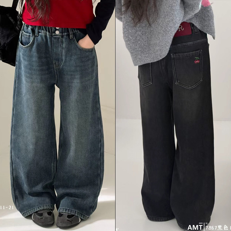 爱木橦女童中大童樱桃刺绣牛仔裤