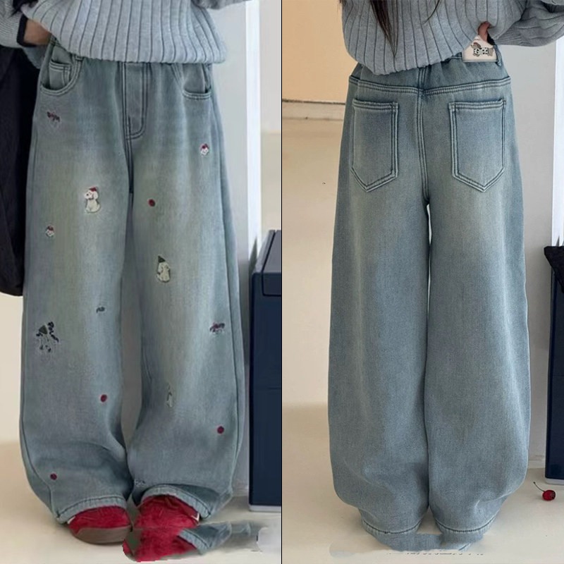 大E小e小狗绣花羊驼绒直筒牛仔裤