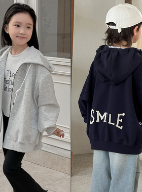 布芮欧童装2025春新款男女中大童宽松版连帽针织外套拉链衫76018