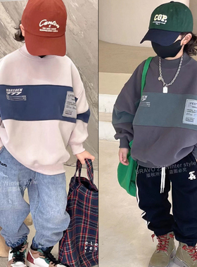 布芮欧冬新款一体绒拼色儿童卫衣男女中大童洋气套头衫88035