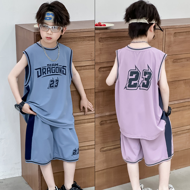 大E小e童装2025夏季新款男女童时尚休闲运动套装中大童篮球服3939