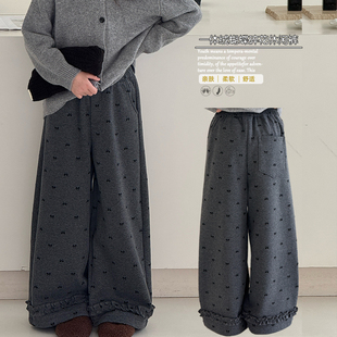 大E小e童装2025冬季新款女童蝴蝶结印花一体绒呢裤花朵直筒裤8903