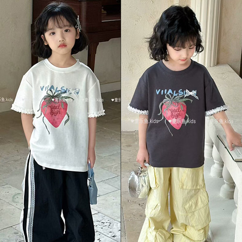 童乐鱼女童大草莓印花短袖T恤