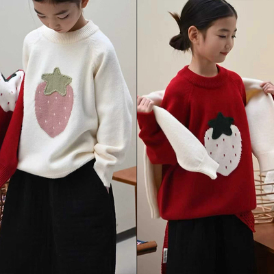 贝柏冬季女童草莓毛衣卡通针织衫