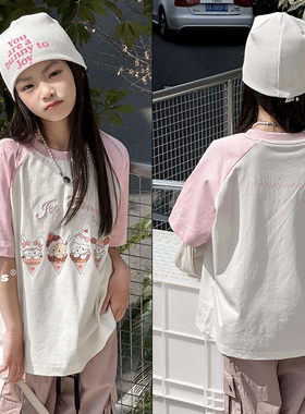 牛哆哆童装2024夏季新品甜筒印花短袖T恤女童宽松版打底衫潮63360