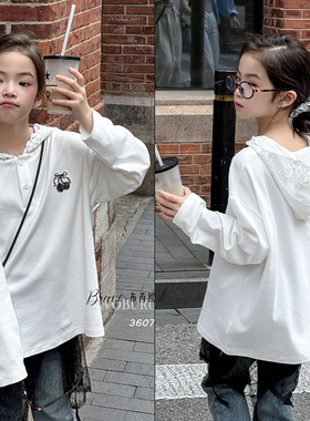 布芮欧童装2024秋季新款女童中大童小樱桃连帽蕾丝花边卫衣36071