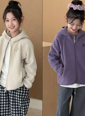 大E小e童装2025冬款儿童韩版摇粒绒外套男女童洋气连帽拉链衫2837