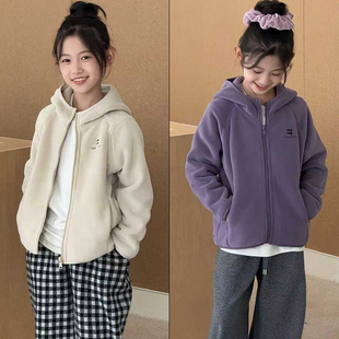 大E小e童装2025冬款儿童韩版摇粒绒外套男女童洋气连帽拉链衫2837