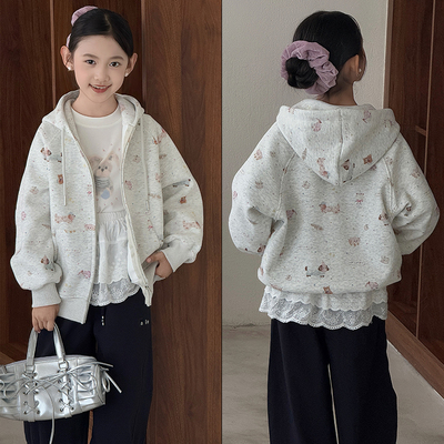 大E小e女童时尚卡通印花连帽卫衣