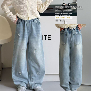 大E小e童装2026春季新款女童猫咪蝴蝶结绣花洋气牛仔裤休闲裤9211