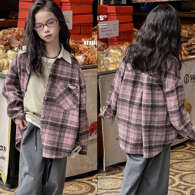 已又合女童时尚磨毛格子衬衫开衫