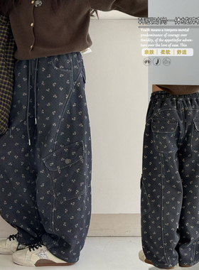大E小e童装2025冬季新品女童潮款一体绒碎花工装裤韩版运动裤8958