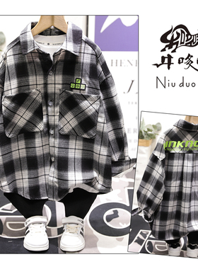 牛哆哆童装秋季新品韩版黑白格子衬衫潮男女童长袖衬衣33353