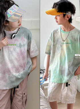 牛哆哆童装2024夏季新款韩版女童中大童精美扎染炫彩短袖T恤53318