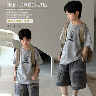 大E小e2026夏季 男女中大童韩版 做旧卡通刺绣宽松短袖 T恤26066 新款