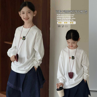 学生T打底衫 女童卡通小猫印花T恤长袖 潮5552 2025秋冬款 大E小e童装