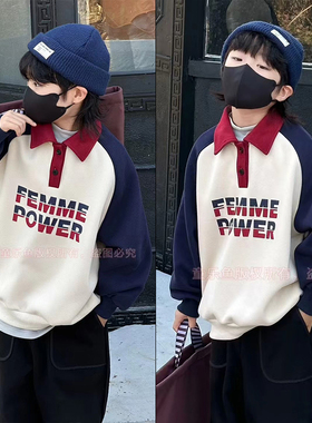 童乐鱼童装冬季新款洋气翻领一体绒卫衣男女童套头衫潮52191