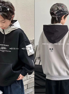 童乐鱼童装2024冬新款韩版一体绒男女中大童拼接卫衣套头衫58127