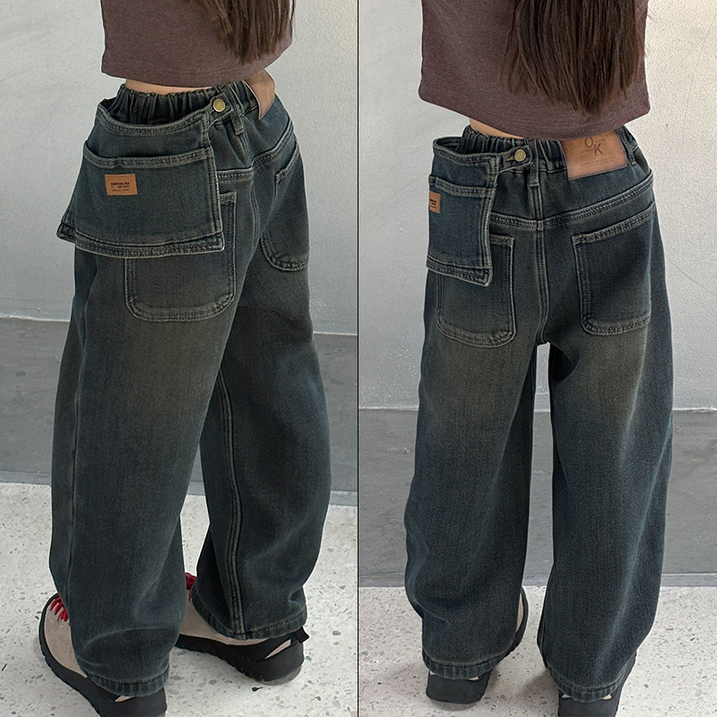 壹咔豆一体绒牛仔裤中大童长裤