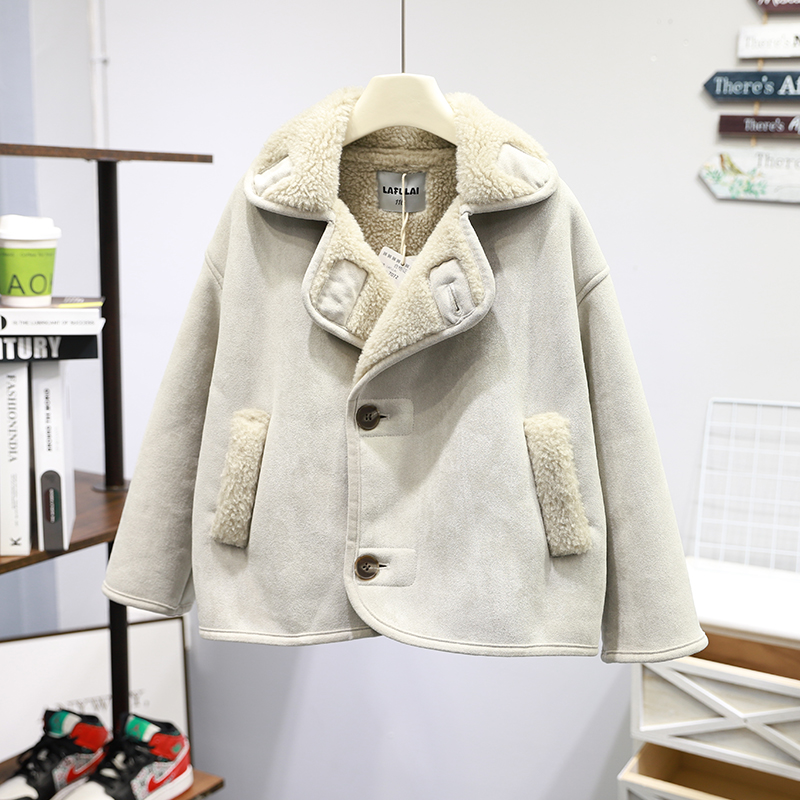 啦芙莱童装2025冬新款男女童洋气皮毛一体羊羔绒保暖麂皮外套7072