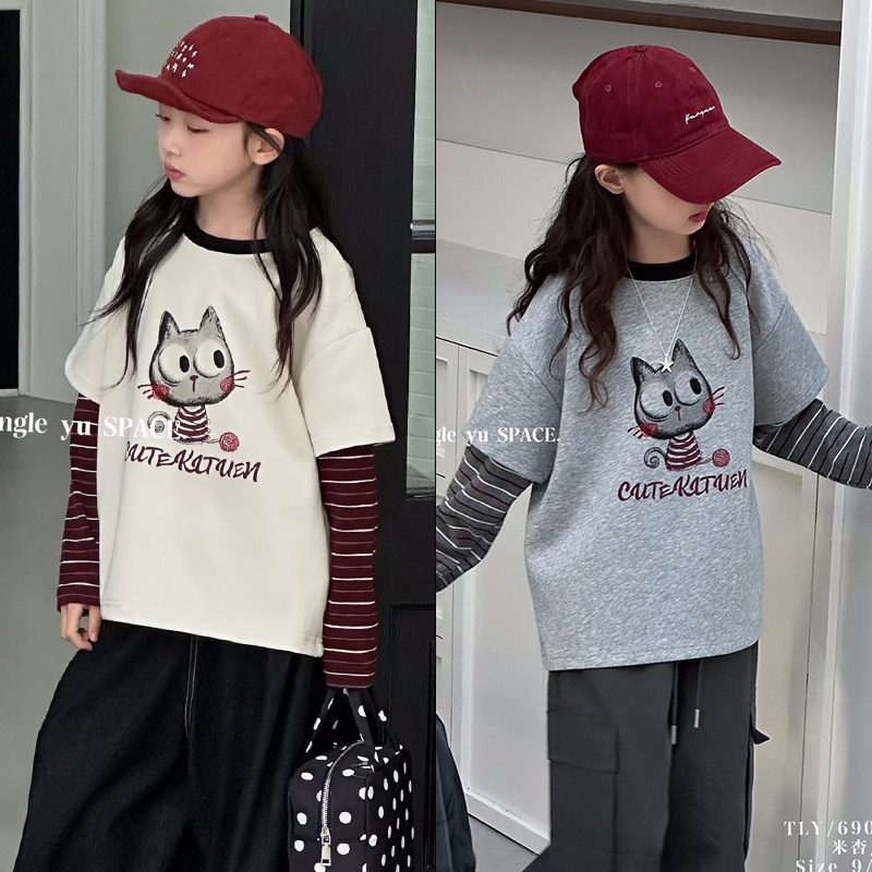 童乐鱼童装2025秋季新款女童卡通猫咪印花假两件长袖T恤上衣6903
