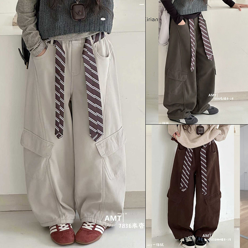 爱木橦童装2025冬季新款男女童韩版一体绒休闲裤中大童阔腿裤7836