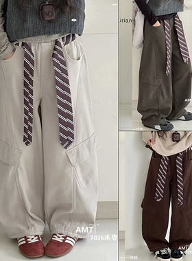 爱木橦童装2025冬季新款男女童韩版一体绒休闲裤中大童阔腿裤7836