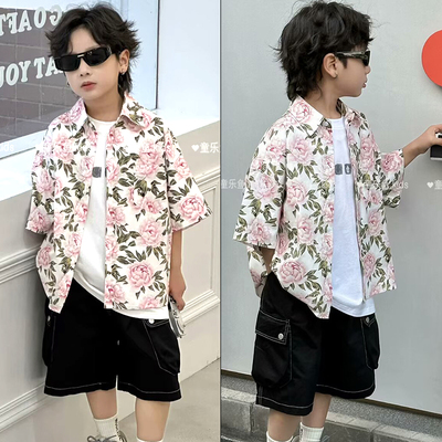 童乐鱼男女童国风牡丹花短袖衬衫