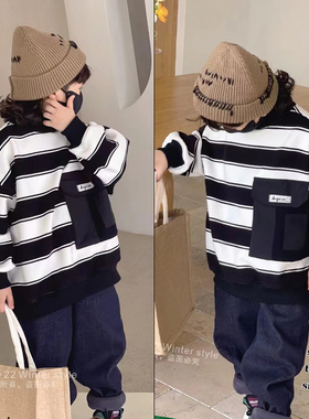 布芮欧冬新款一体绒条纹半高领卫衣男童加绒中大童上衣88052