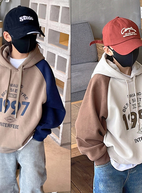 大E小e冬新款拼色儿童一体绒连帽卫衣男女童加绒套头衫28002