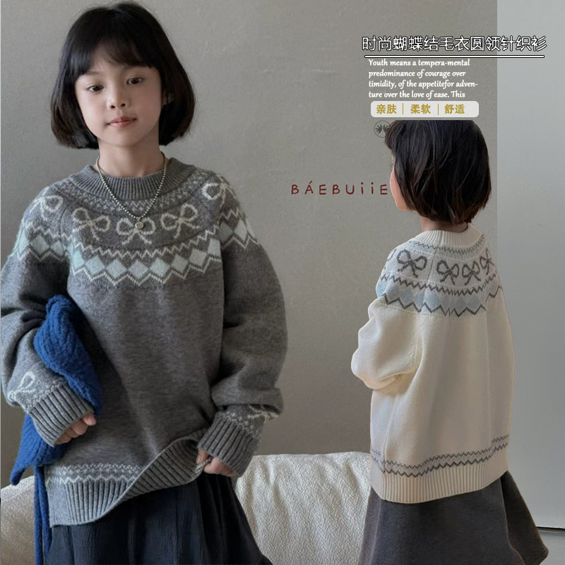 品牌女童中大童圆领毛衣针织衫